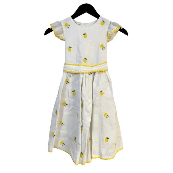 Sorci and Fofa Girls 6 Embroidered Lemon Flutter Sleeve Ric-Rac Linen Dress - Picture 14 of 16